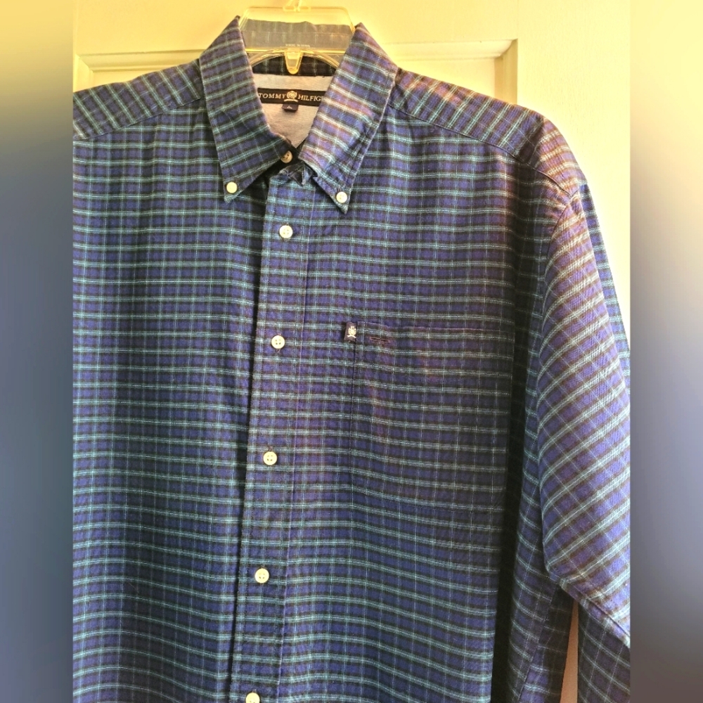 Tommy Hilfiger Men's Button Down Long Sleeve Shirt Size L Blue & Green